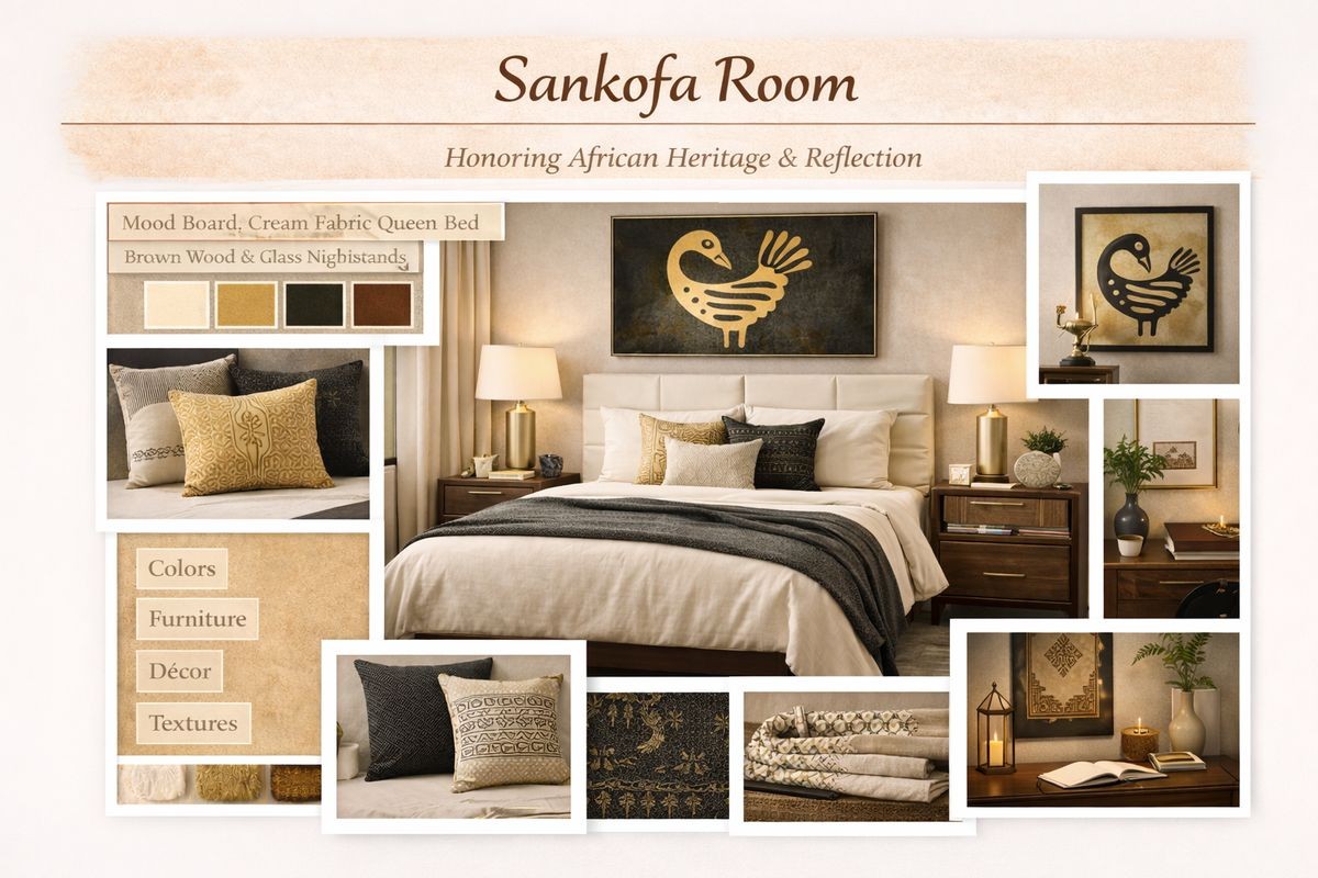 Sankofa Room mood board honoring African heritage and reflection