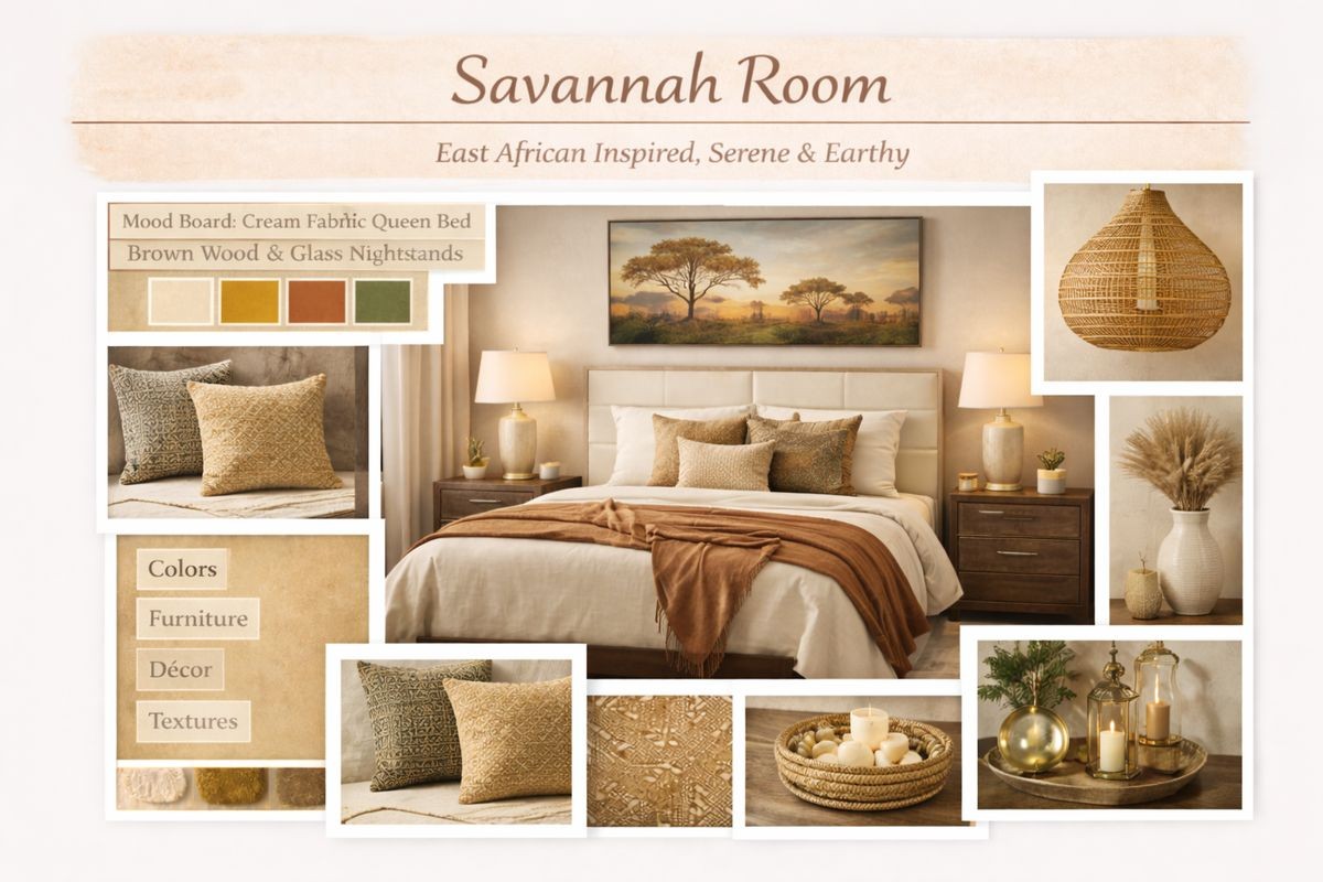 Savannah Room mood board with cream fabric queen bed, wood and glass nightstands and earthy textures